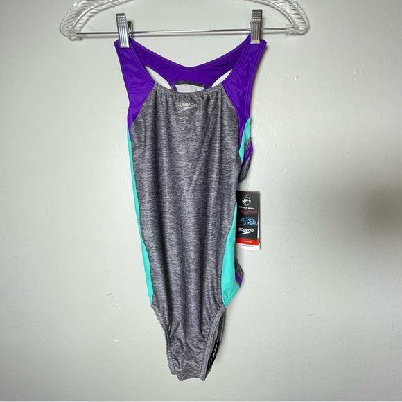New With Tags Speedo Girls One Piece Racerback Swimsuit Size 14 Gray Purple Aqua - Picture 2 of 8